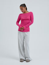 Seamless Basic Cotton Boat Neck | Cotton L/S T-Shirt Berry Pink