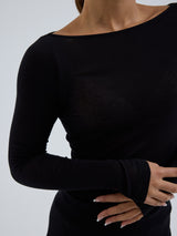 Seamless Basic Cotton Boat Neck | Cotton L/S T-Shirt Black