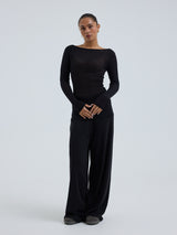 Seamless Basic Cotton Boat Neck | Cotton L/S T-Shirt Black