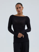 Seamless Basic Cotton Boat Neck | Cotton L/S T-Shirt Black