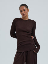 Seamless Basic Woolen Classic Blouse | Merino wool L/S T-Shirt Dark Brown