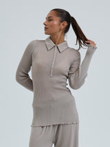 Seamless Basic Woolen Classic Polo | Merino wool L/S T-Shirt Beige