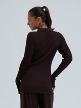 Seamless Basic Woolen Classic Polo | Merino wool L/S T-Shirt Dark Brown
