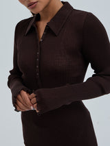 Seamless Basic Woolen Classic Polo | Merino wool L/S T-Shirt Dark Brown
