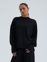 Seamless Basic Woolen Sporty Sweat | Merino wool Blouse Black