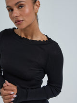 Seamless Basic Wooly Boat Neck | Wool Silk Blouse Black