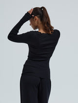 Seamless Basic Wooly Boat Neck | Wool Silk Blouse Black