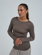 Seamless Basic Wooly Boat Neck | Wool Silk Blouse Fungi