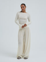 Seamless Basic Wooly Boat Neck | Wool Silk Blouse Off-White