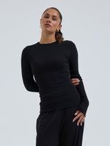 Seamless Basic Wooly Long Sleeve | Wool Silk Blouse Black
