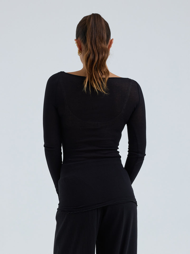 Seamless Basic Cotton Boat Neck | Cotton L/S T-Shirt Black