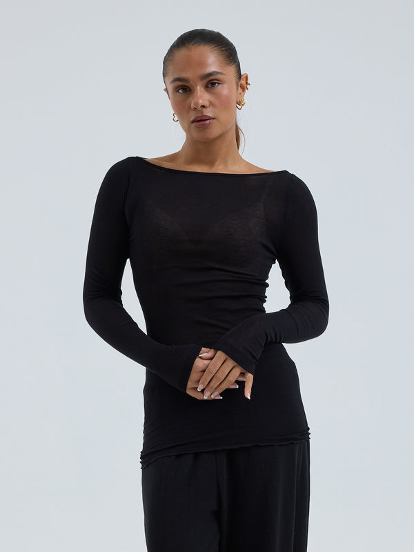 Seamless Basic Cotton Boat Neck | Cotton L/S T-Shirt Black