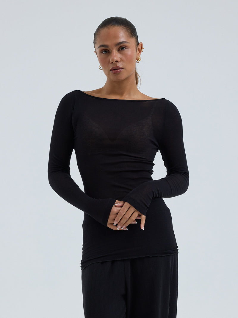 Seamless Basic Cotton Boat Neck | Cotton L/S T-Shirt Black