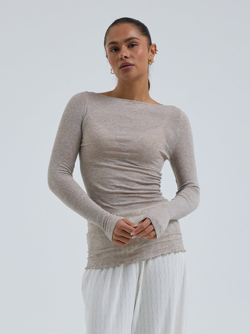 Seamless Basic Cotton Boat Neck | Cotton L/S T-Shirt Desert Melange