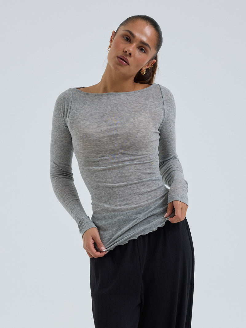Seamless Basic Cotton Boat Neck | Cotton L/S T-Shirt Grey Melange