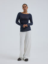 Seamless Basic Cotton Boat Neck | Cotton L/S T-Shirt Midnight