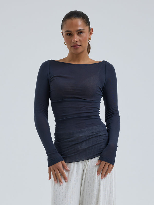 Seamless Basic Cotton Boat Neck | Cotton L/S T-Shirt Midnight