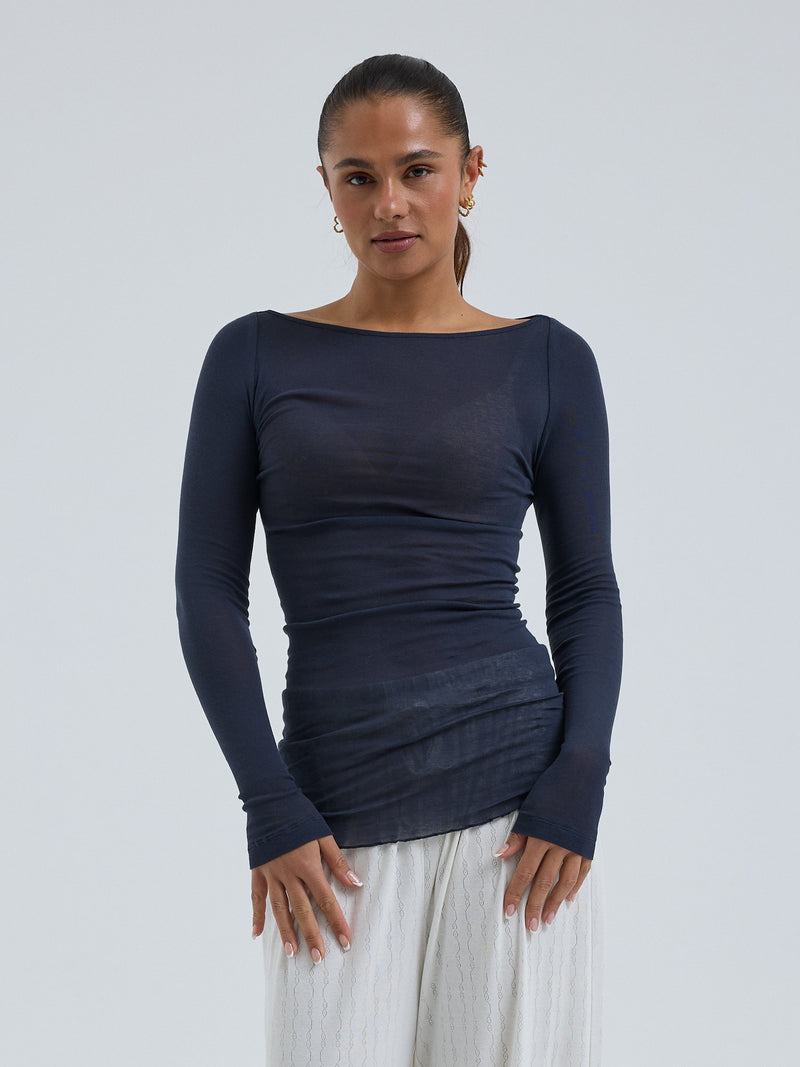 Seamless Basic Cotton Boat Neck | Cotton L/S T-Shirt Midnight