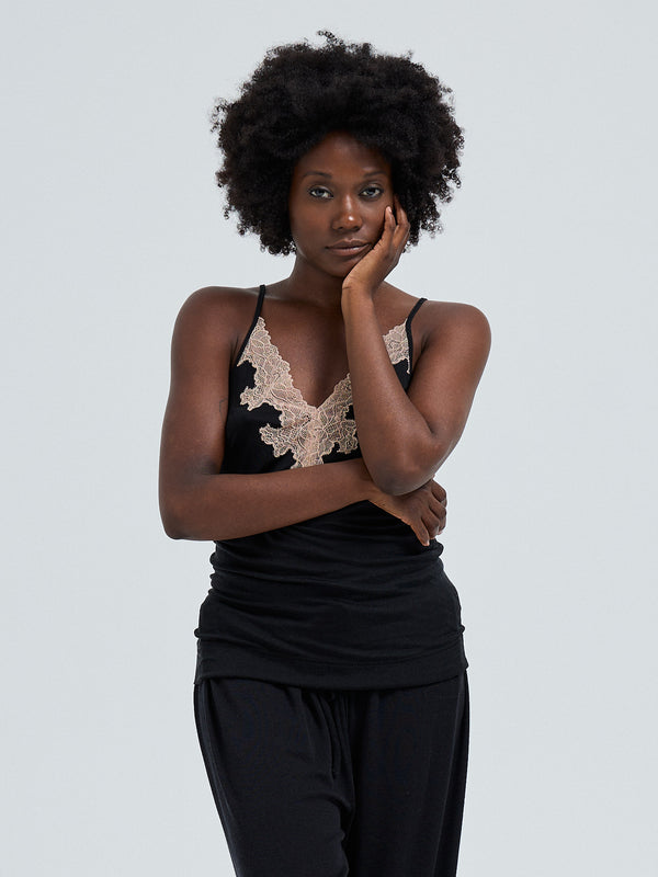 Seamless Basic Lace Silk Cami | Mulberry Silk Cami top Black w. Rosie Beige