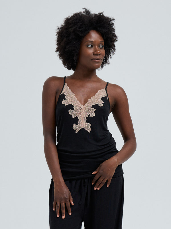 Seamless Basic Lace Silk Cami | Mulberry Silk Cami top Black w. Rosie Beige
