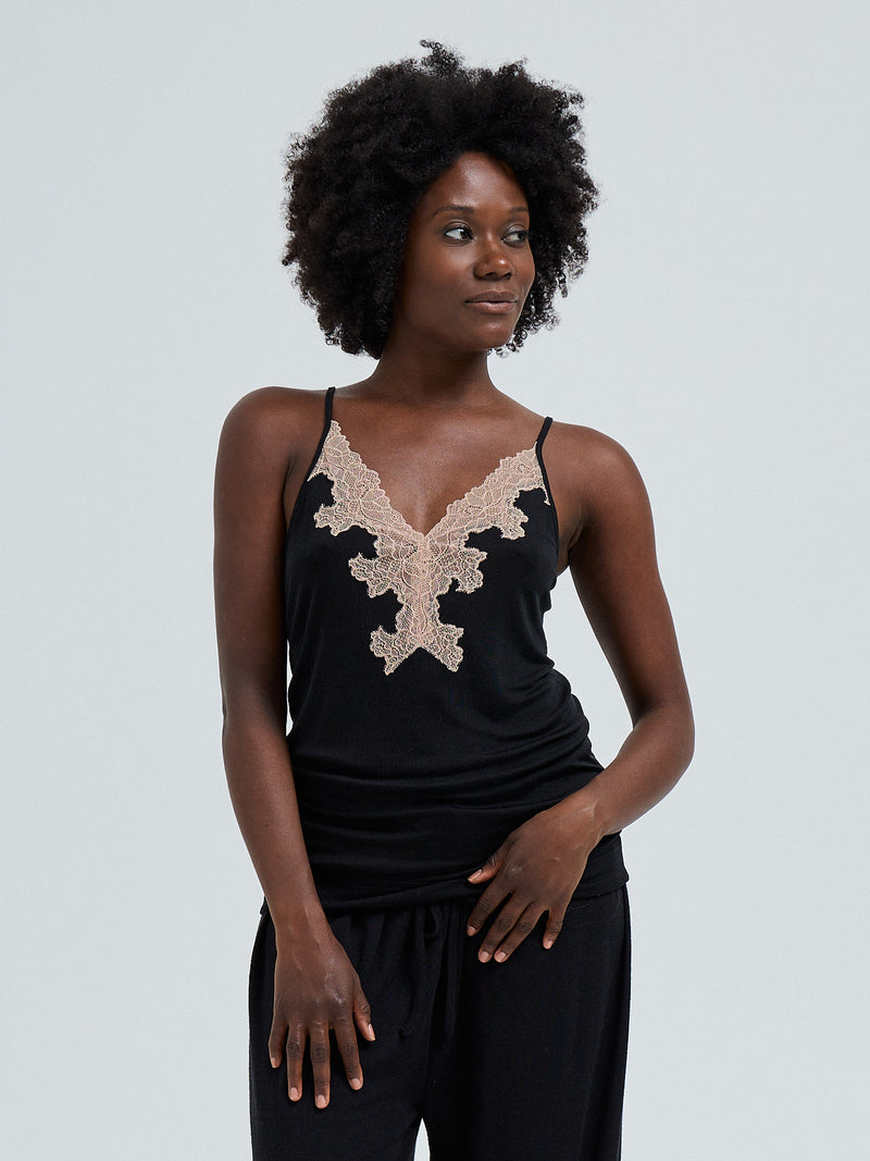 Seamless Basic Lace Silk Cami | Mulberry Silk Cami top Black w. Rosie Beige