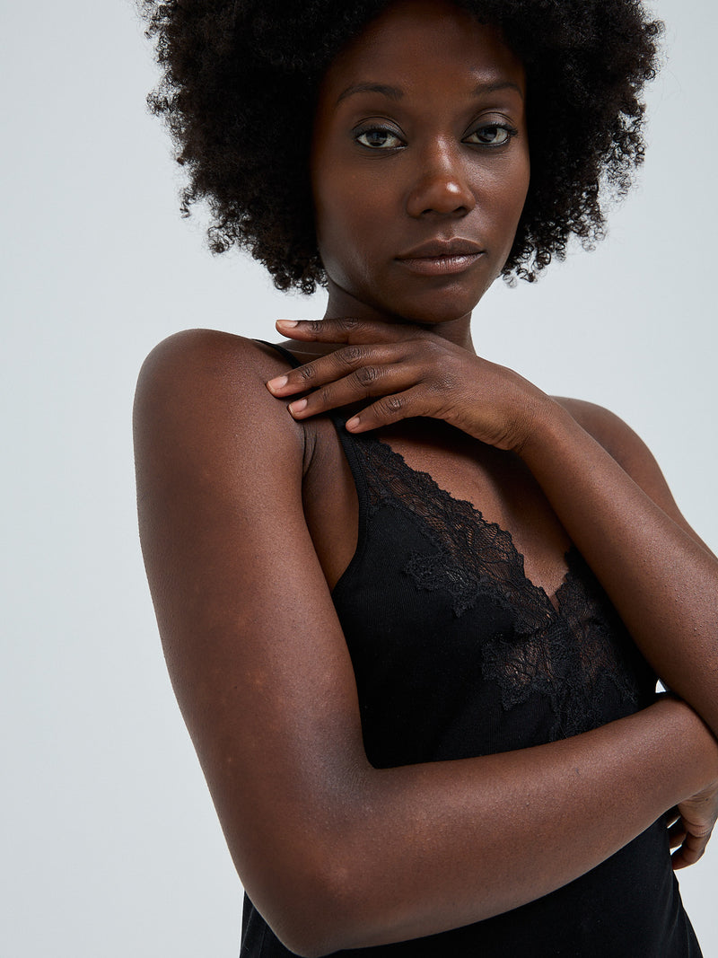 Seamless Basic Lace Silk Slip | Mulberry Silk Slip Dress Black w. Black