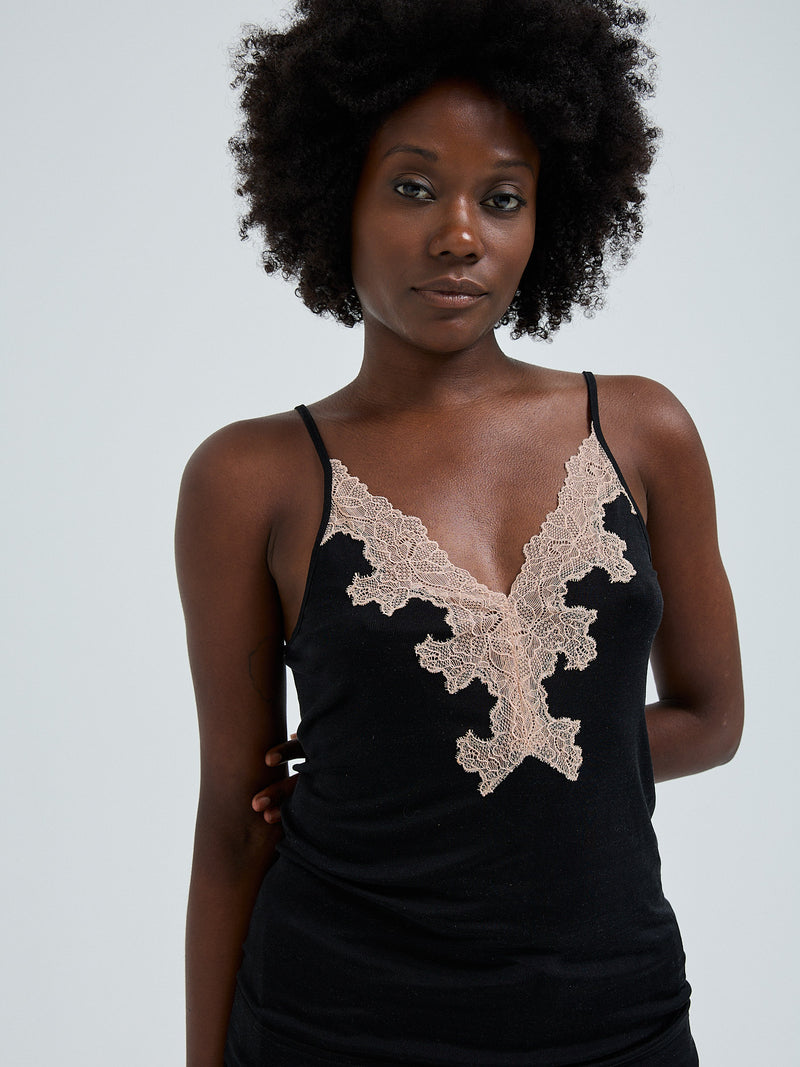 Seamless Basic Lace Silk Slip | Mulberry Silk Slip Dress Black w. Rosie Beige
