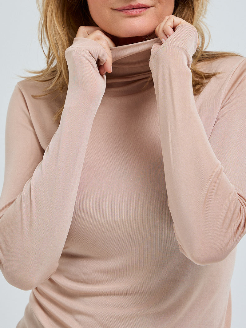 Seamless Basic Sheer Roll Neck | Silk Roll Neck Rosie Beige