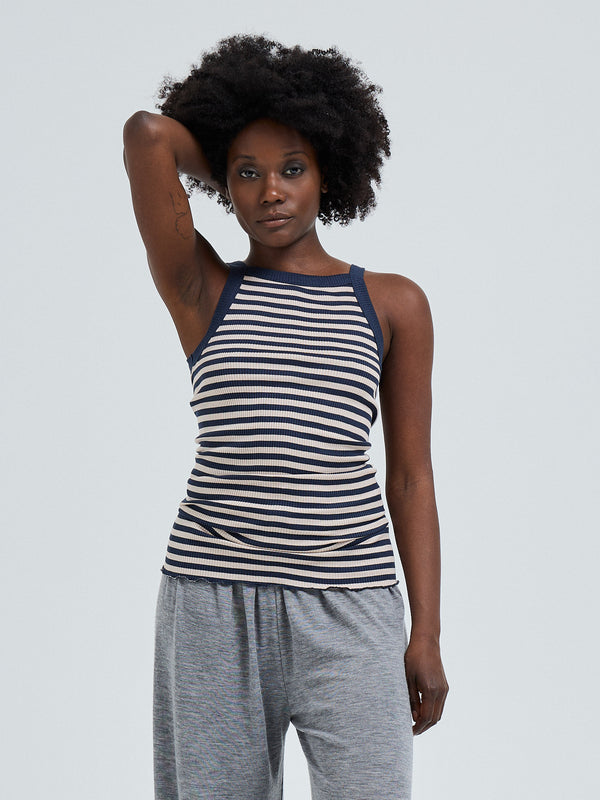 Seamless Basic Silky Daze | Silk Strap Top Navy/Beige