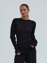 Seamless Basic Woolen Classic Blouse | Merino wool L/S T-Shirt Black