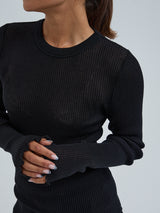 Seamless Basic Woolen Classic Blouse | Merino wool L/S T-Shirt Black