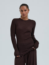 Seamless Basic Woolen Classic Blouse | Merino wool L/S T-Shirt Dark Brown