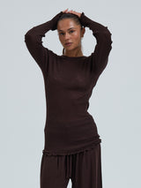 Seamless Basic Woolen Classic Blouse | Merino wool L/S T-Shirt Dark Brown