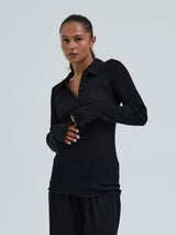 Seamless Basic Woolen Classic Polo | Merino wool L/S T-Shirt Black