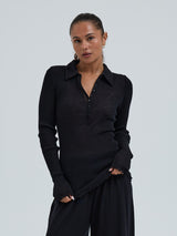 Seamless Basic Woolen Classic Polo | Merino wool L/S T-Shirt Black