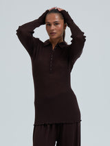 Seamless Basic Woolen Classic Polo | Merino wool L/S T-Shirt Dark Brown