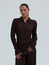 Seamless Basic Woolen Classic Polo | Merino wool L/S T-Shirt Dark Brown
