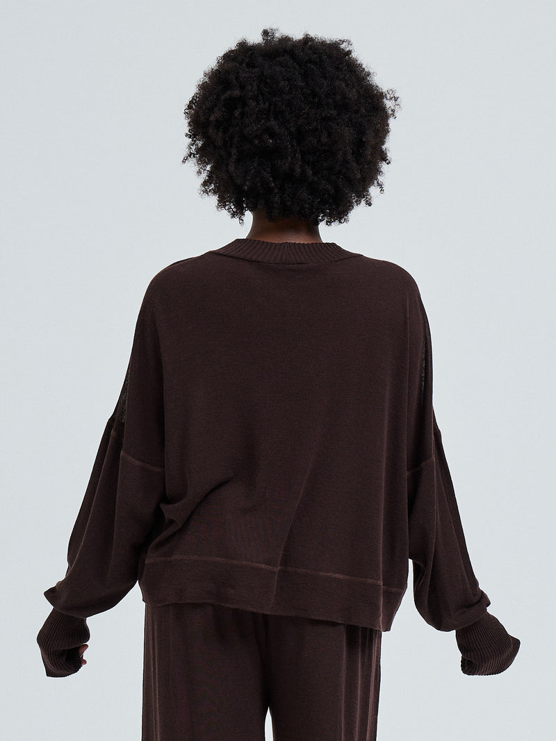 Seamless Basic Woolen Sporty Sweat | Merino wool Blouse Dark Brown