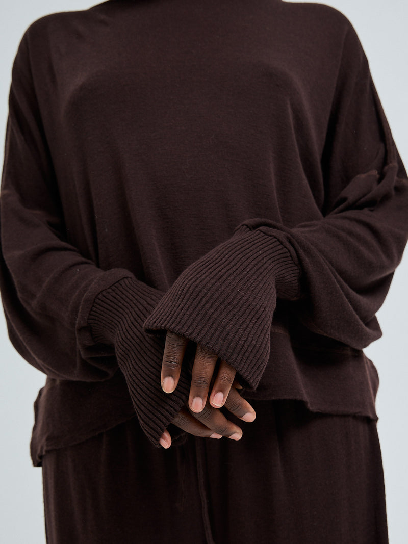 Seamless Basic Woolen Sporty Sweat | Merino wool Blouse Dark Brown