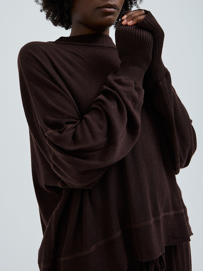 Seamless Basic Woolen Sporty Sweat | Merino wool Blouse Dark Brown