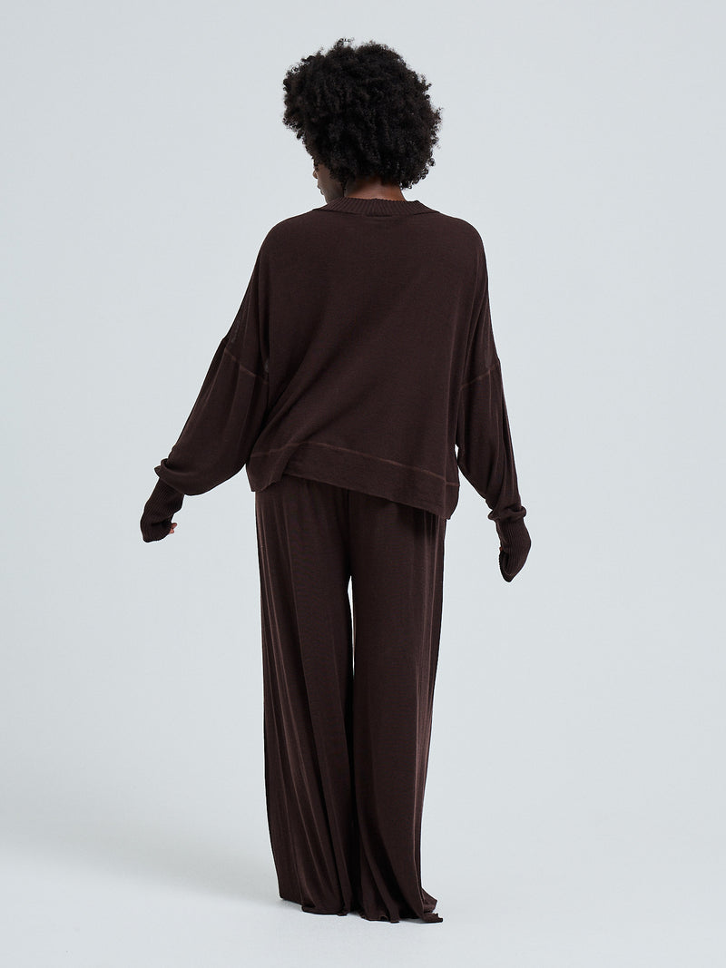 Seamless Basic Woolen Sporty Sweat | Merino wool Blouse Dark Brown