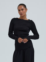 Seamless Basic Wooly Boat Neck | Wool Silk Blouse Black