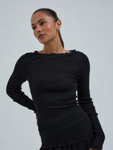 Seamless Basic Wooly Boat Neck | Wool Silk Blouse Black