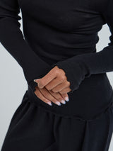 Seamless Basic Wooly Boat Neck | Wool Silk Blouse Black