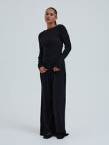 Seamless Basic Wooly Boat Neck | Wool Silk Blouse Black