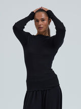 Seamless Basic Wooly Boat Neck | Wool Silk Blouse Black