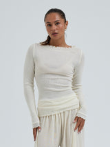 Seamless Basic Wooly Boat Neck | Wool Silk Blouse Off-White