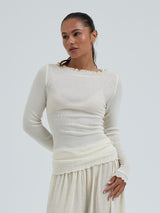 Seamless Basic Wooly Boat Neck | Wool Silk Blouse Off-White