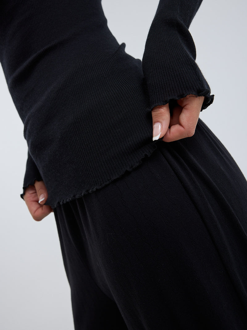 Seamless Basic Wooly Long Sleeve | Wool Silk Blouse Black