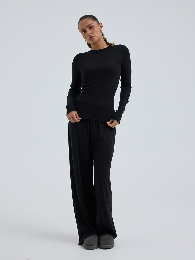 Seamless Basic Wooly Long Sleeve | Wool Silk Blouse Black